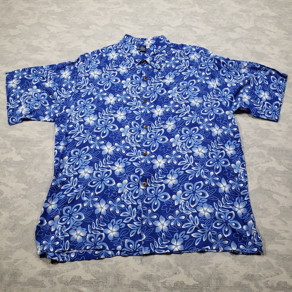 Hibiscus Collection Hawaiian Shirt Mens‎ XXL Blue Floral Print Short Sleeve...